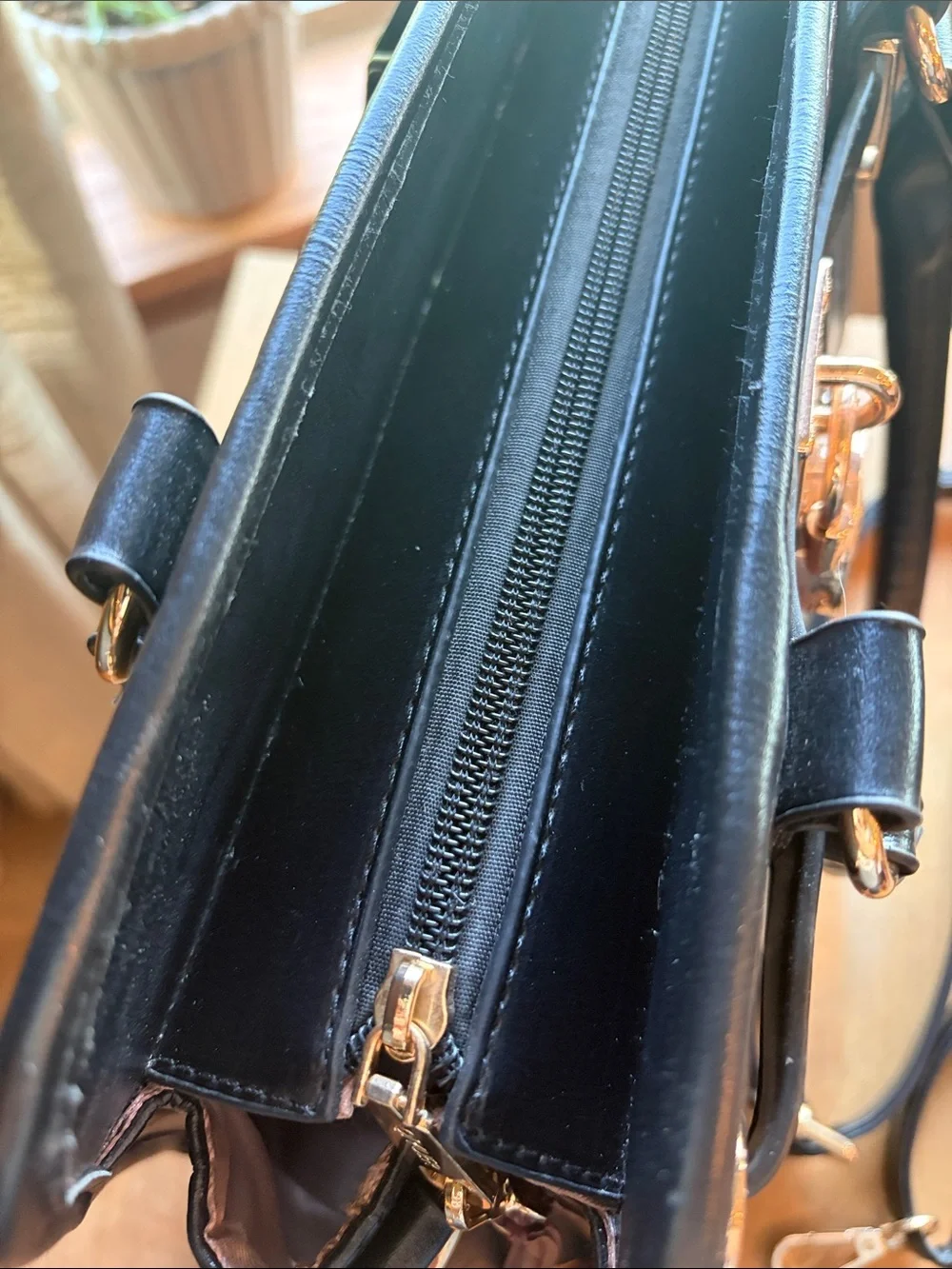 Black and Burgundy Croc-Embossed Satchel Handbag with Gold Hardware